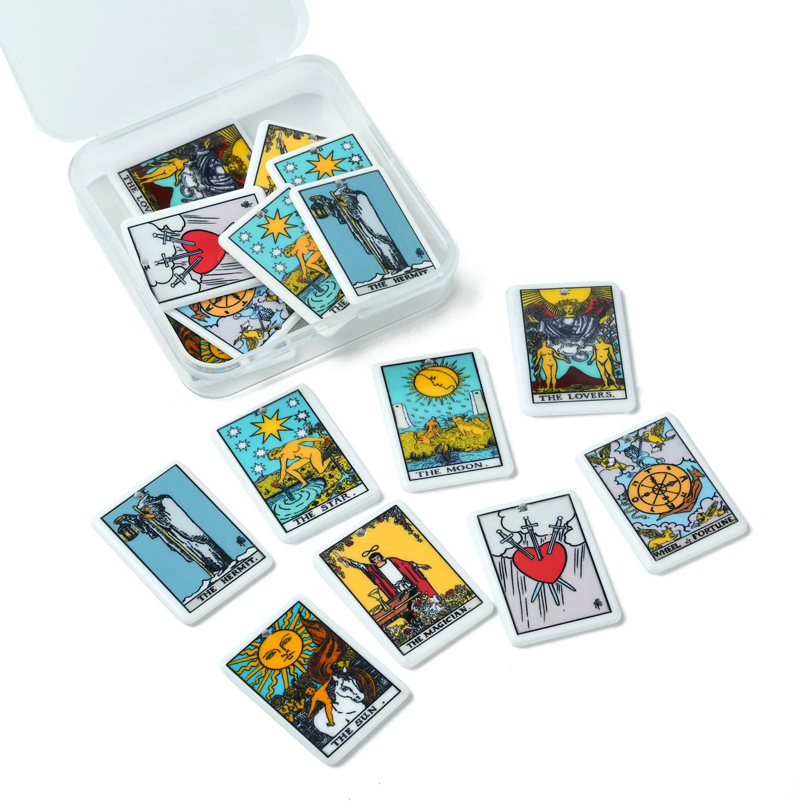 16Pcs 8 Styles Acrylic Tarot Card Charms Sun Moon Star Tarot Charms Divination Rectangle Tarot Pattern Charms for Jewelry Making