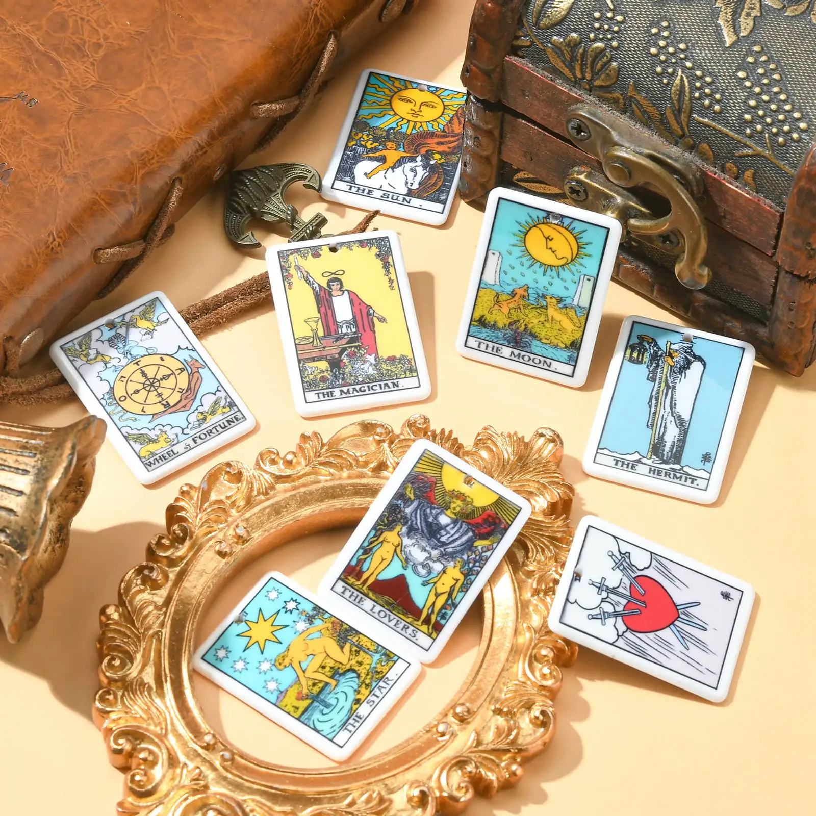16Pcs 8 Styles Acrylic Tarot Card Charms Sun Moon Star Tarot Charms Divination Rectangle Tarot Pattern Charms for Jewelry Making