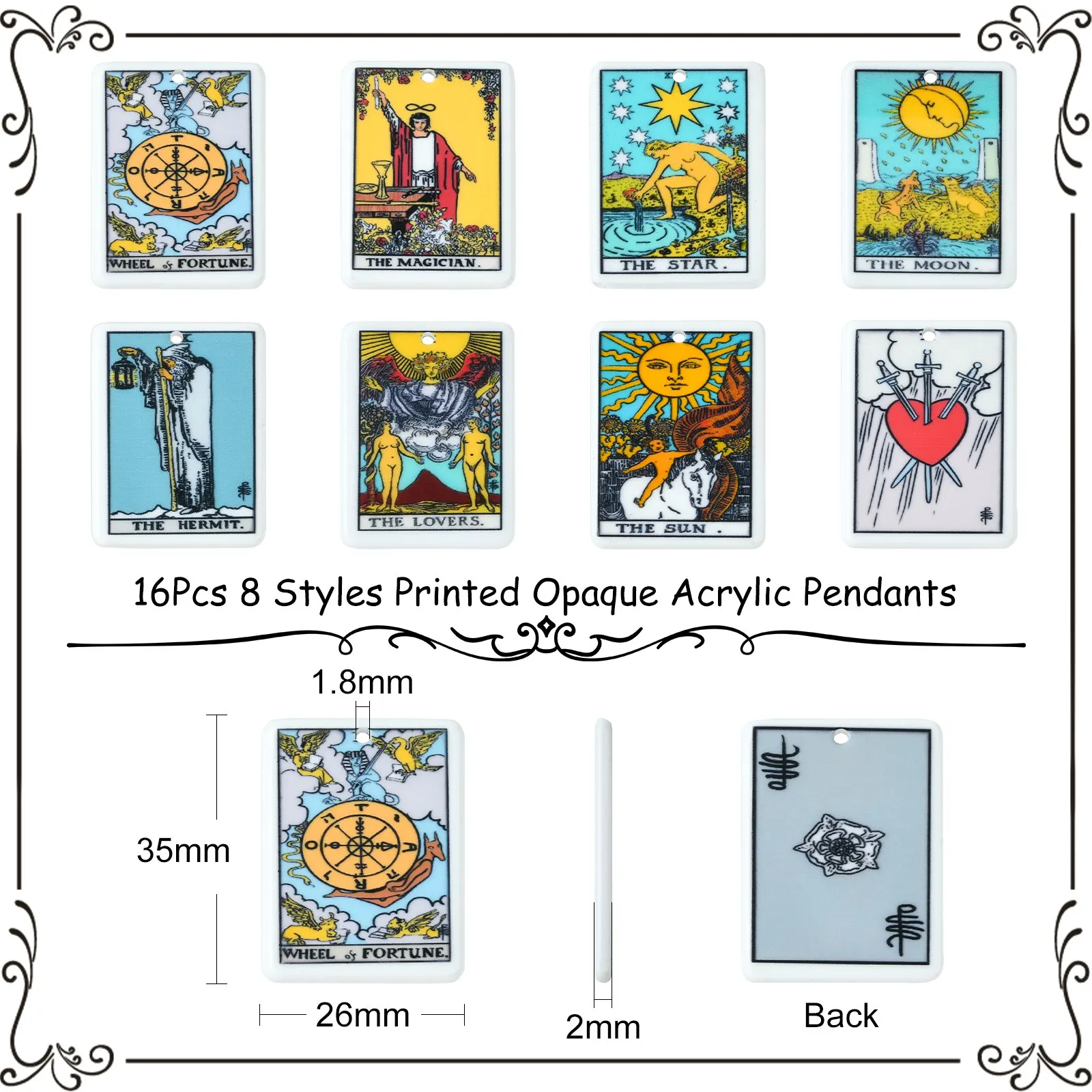 16Pcs 8 Styles Acrylic Tarot Card Charms Sun Moon Star Tarot Charms Divination Rectangle Tarot Pattern Charms for Jewelry Making