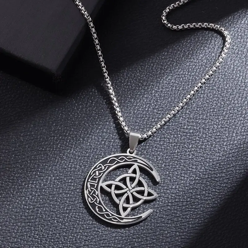 Metal Color: PURPLE - Stainless Steel Silver Color Pattern Witch Knot Pendant Necklace Celtic Knot Lucky Jewelry Gift for Friends Family