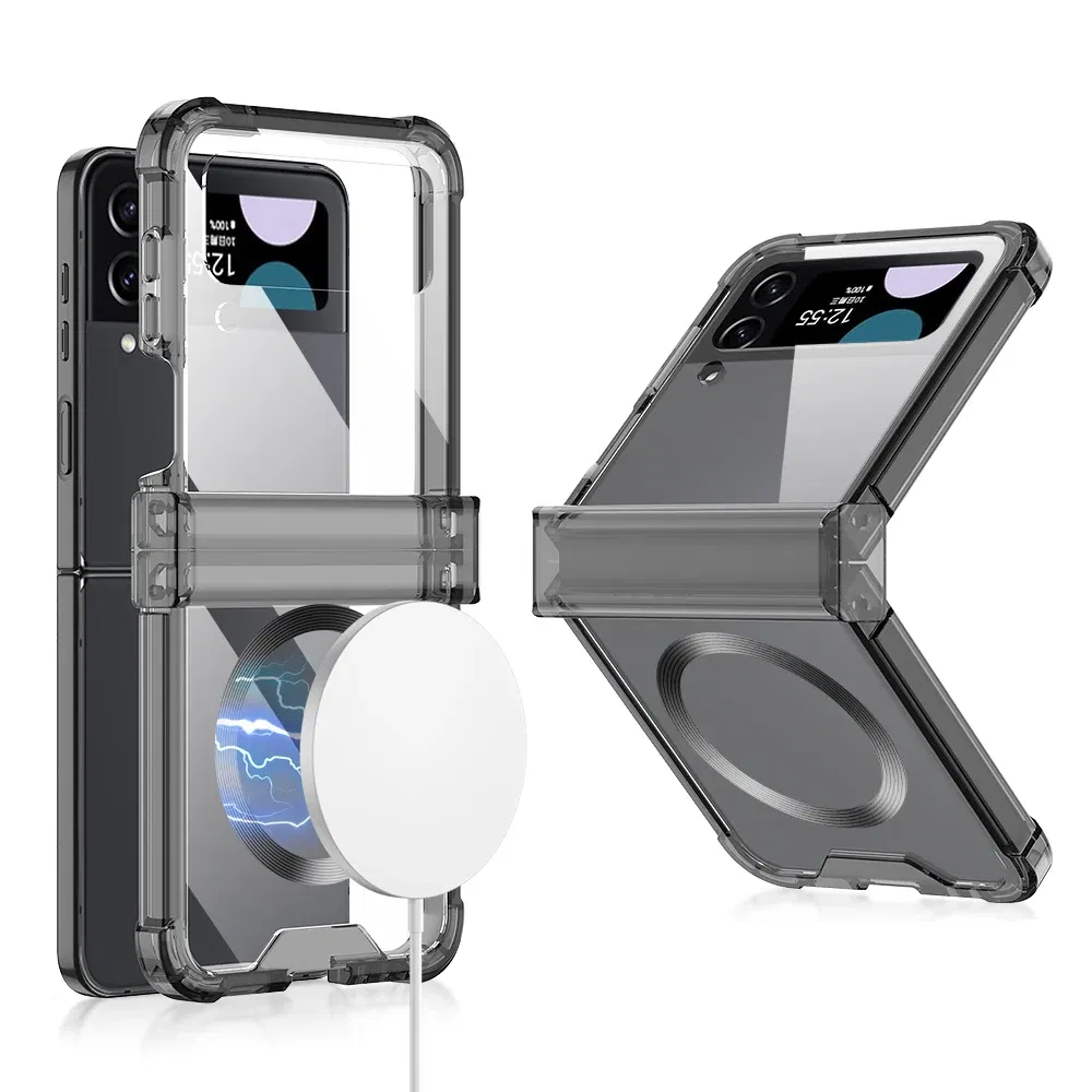 Color: black, Material: aluminum - For Samsung Galaxy Z Flip 5 4 3 Magsafe Magnetic Wireless Charging Case Colorful Transparent Folding Hinge Shockproof Hard Cover