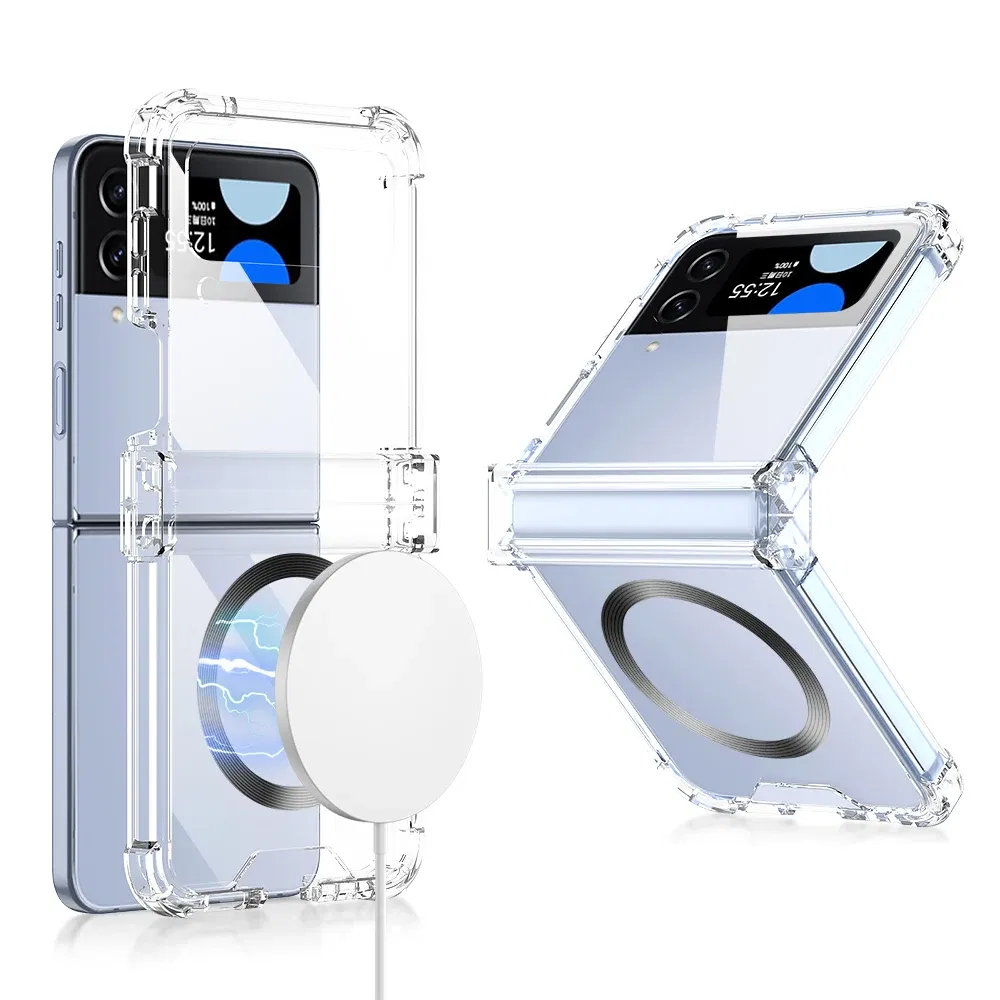 Color: black, Material: aluminum - For Samsung Galaxy Z Flip 5 4 3 Magsafe Magnetic Wireless Charging Case Colorful Transparent Folding Hinge Shockproof Hard Cover