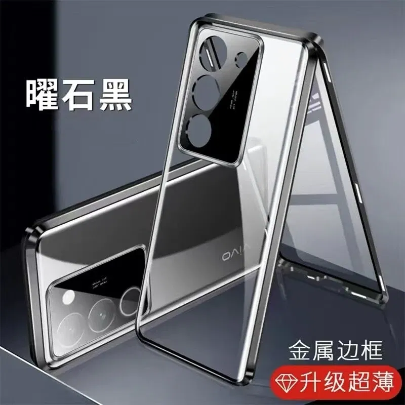 Color: Blue, Material: CANVAS - 360 Full Case For Vivo V29 5G V27 Pro V27E V25 V23 Double Sided Magnetic Adsorption Metal Capa Tempering Glass Clear Phone Cover