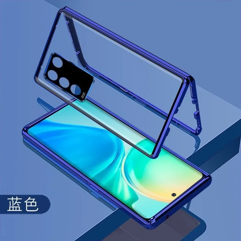 Color: Blue, Material: CANVAS - 360 Full Case For Vivo V29 5G V27 Pro V27E V25 V23 Double Sided Magnetic Adsorption Metal Capa Tempering Glass Clear Phone Cover