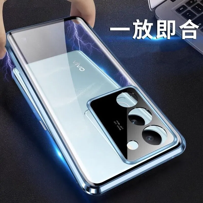 Color: Blue, Material: CANVAS - 360 Full Case For Vivo V29 5G V27 Pro V27E V25 V23 Double Sided Magnetic Adsorption Metal Capa Tempering Glass Clear Phone Cover
