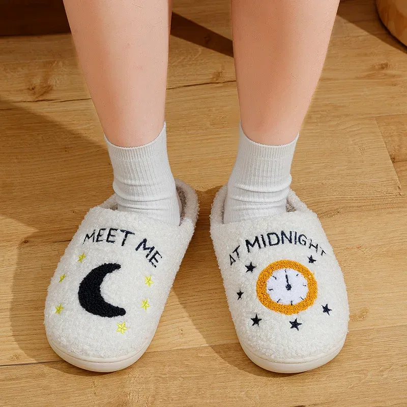 Color: WHITE, Shoe Size: 4 - Warm Slippers  Cushion Slides Meet Me At Midnight Soft Warm Comfort Flat Cozy Fuzzy Woman House Slippers Funny Shoes