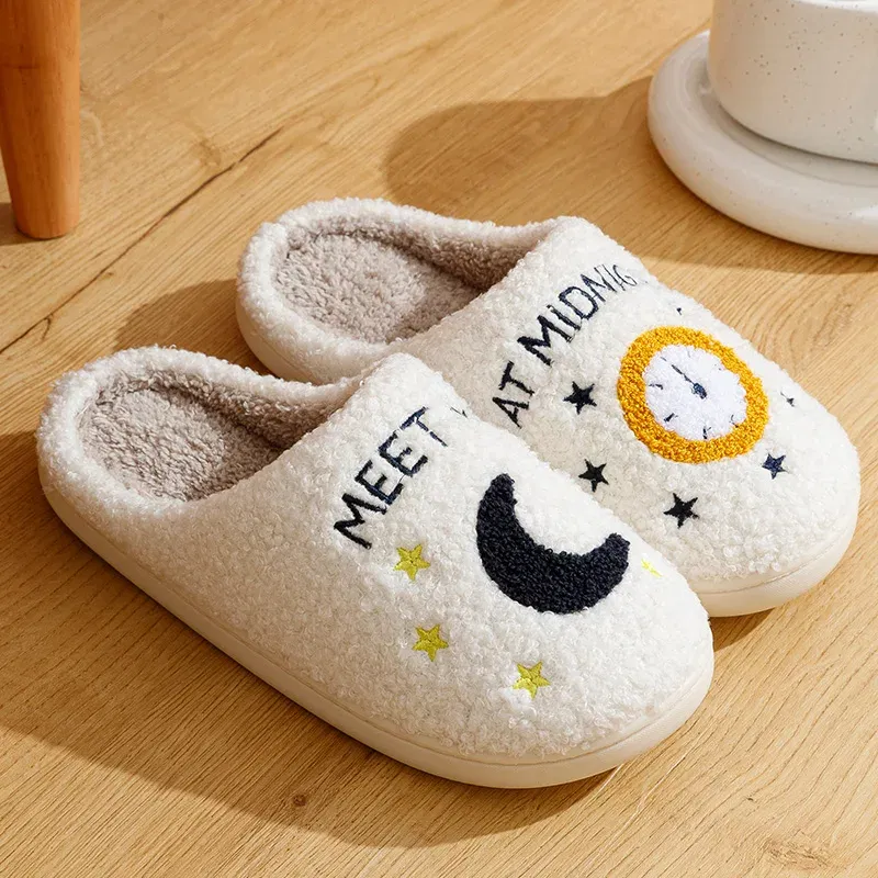 Color: WHITE, Shoe Size: 4 - Warm Slippers  Cushion Slides Meet Me At Midnight Soft Warm Comfort Flat Cozy Fuzzy Woman House Slippers Funny Shoes