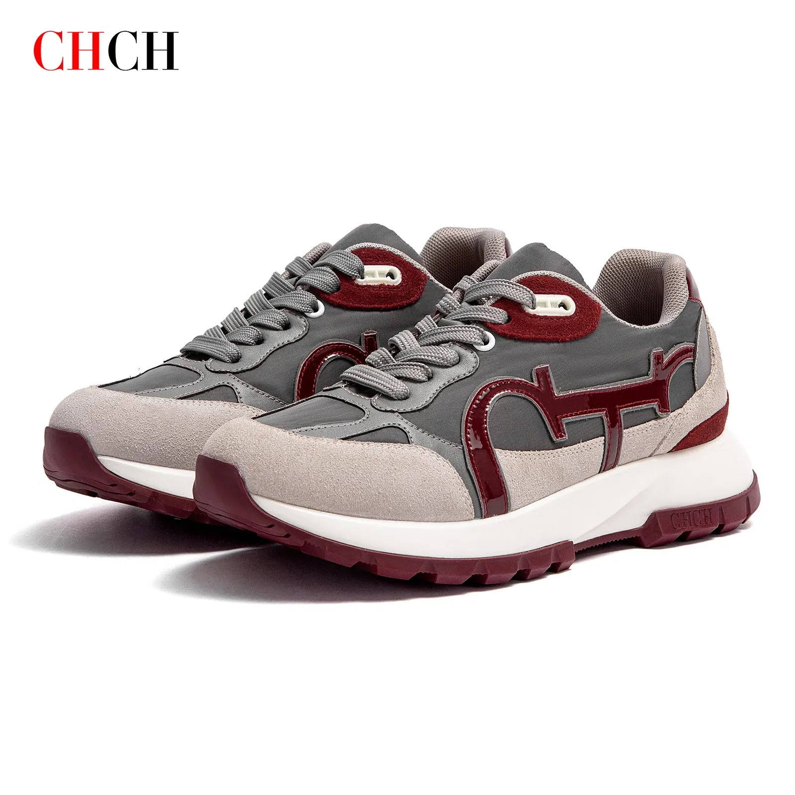 Color: GRAY, Shoe Size: 39 - CHCH Women's Casual Shoes 2024 New Wine Red Retro Cow Leather Splicing Design Walking Shoes Skeleton Correction