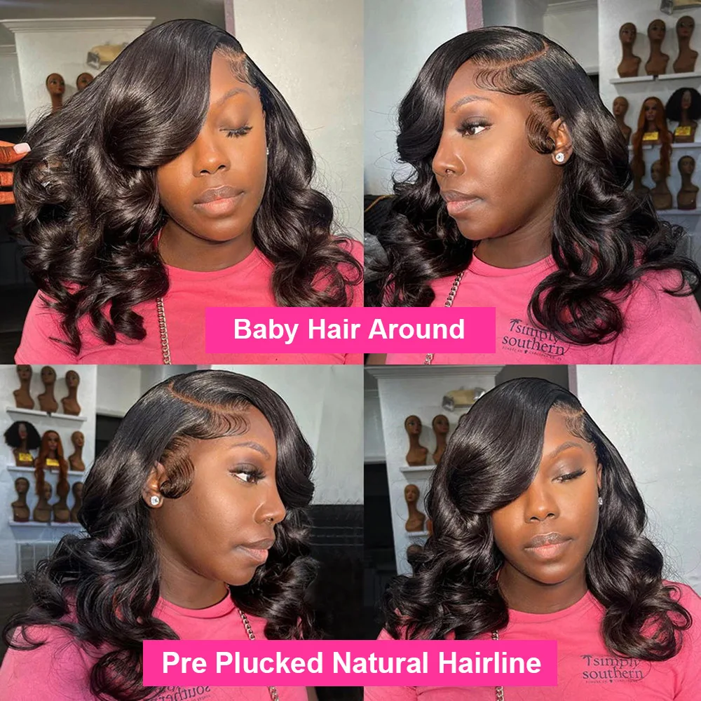 Hair Color: #1B, Ships From: CHINA, Stretched Length: 10inches, Density: 180% - 7x5 Glueless Ready To Wear And Go Pre plucked 180 Density Body Wave Short Bob Human Hair Wigs 13x4 Lace Frontal Human Hair Wig