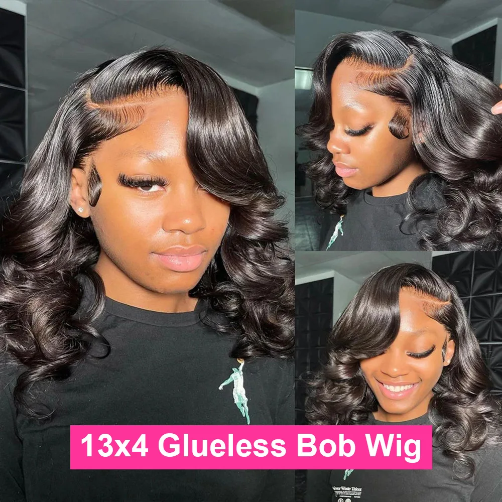 Hair Color: #1B, Ships From: CHINA, Stretched Length: 10inches, Density: 180% - 7x5 Glueless Ready To Wear And Go Pre plucked 180 Density Body Wave Short Bob Human Hair Wigs 13x4 Lace Frontal Human Hair Wig