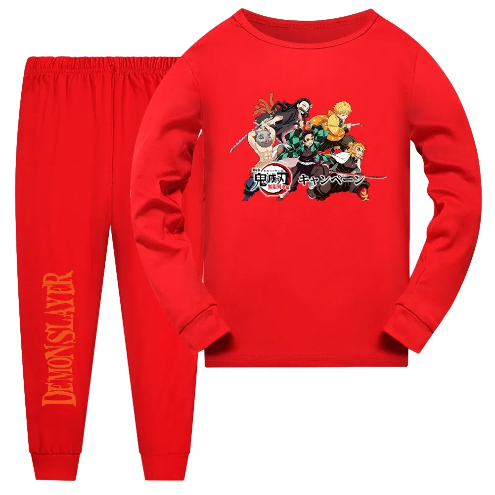 Color: Khaki, Kid Size: 15 - Demon Slayer Sleepwear Kamado Tanjirou Kamado Nezuko Agatsuma Zenitsu Children's Homewear Suit Long-sleeve Two-piece Pajamas Set