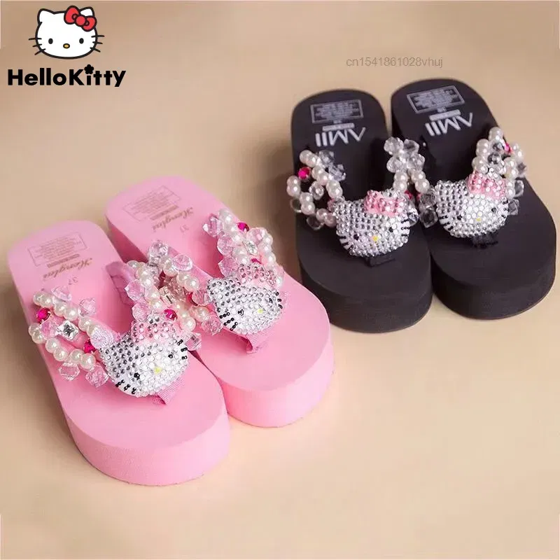 Color: Beige, Shoe Size: 38 - Sanrio Hello Kitty Soft Flip Flop Sandals Y2k Beach Slides Shoes Women Kawaii Casual Wedge High Heels Platform Slippers Ladies