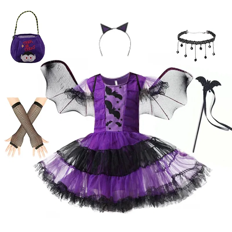 Kid Size: 4T, Color: black - Halloween Children Purple Vampire Costume Girls Dress Kids Clothes Baby Bat Spider Party Cosplay Headband +Wing Outfit