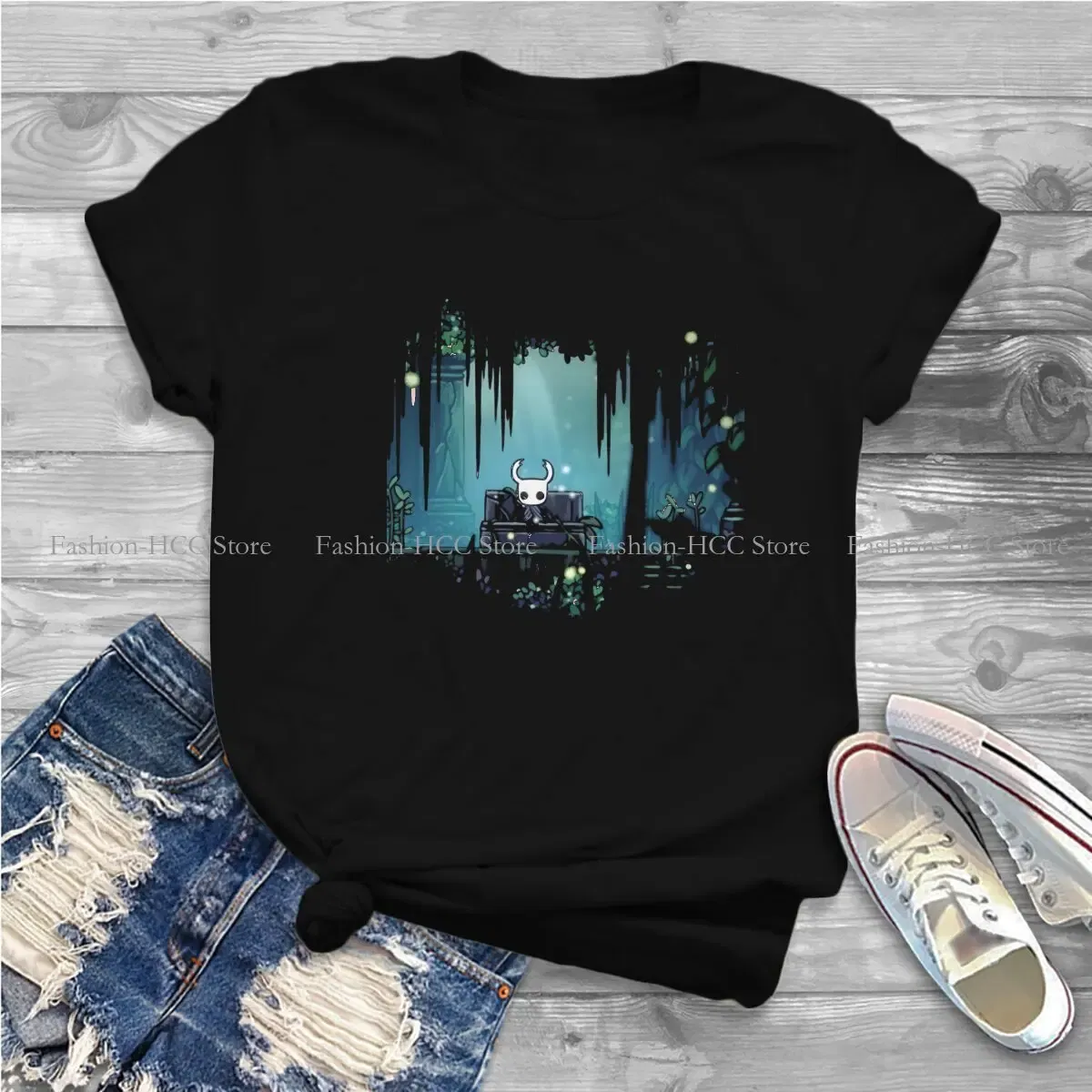 Color: black, Size: XXXL - Green Graphic Polyester TShirt Hollow Knight Creative Tops Casual T Shirt Female