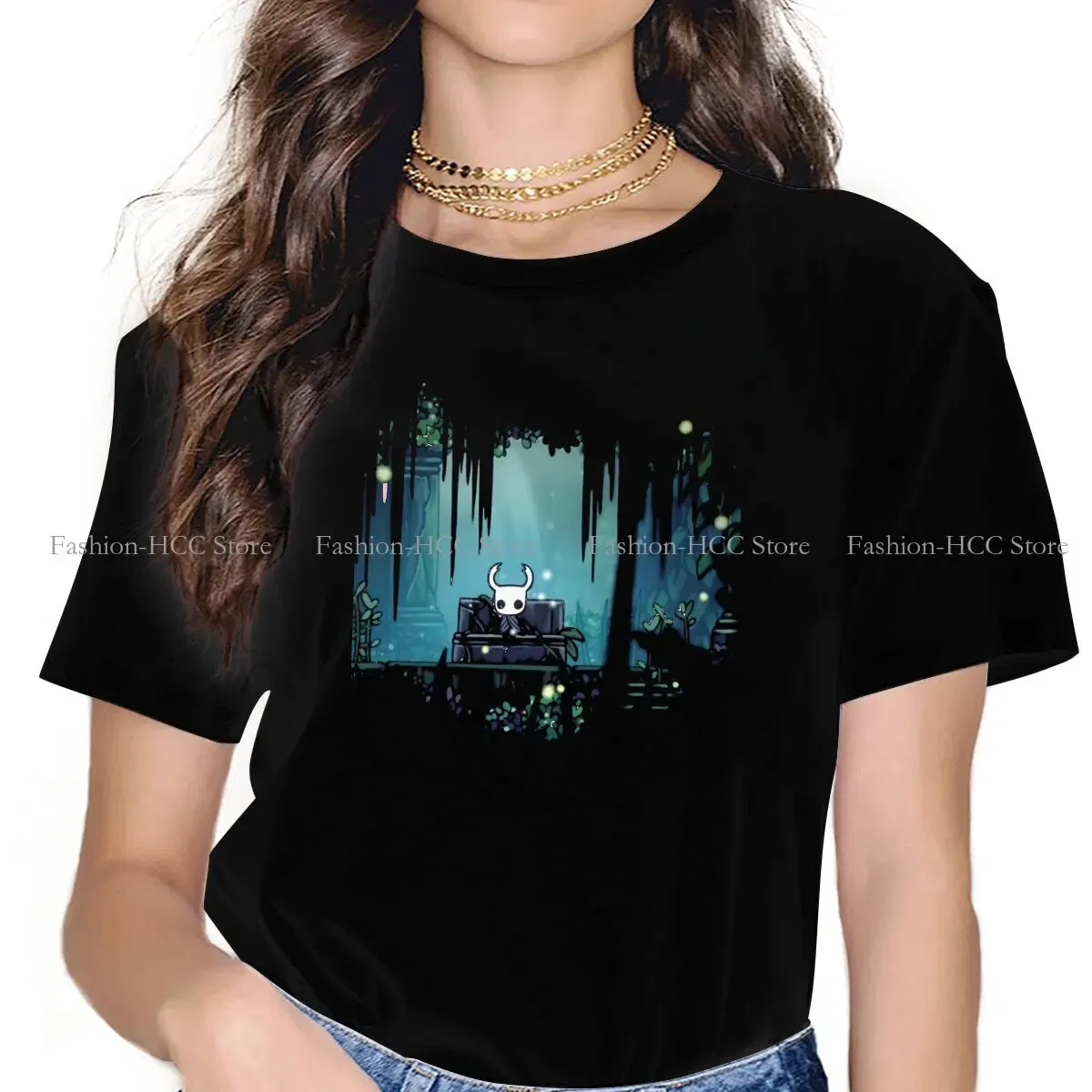 Color: black, Size: XXXL - Green Graphic Polyester TShirt Hollow Knight Creative Tops Casual T Shirt Female