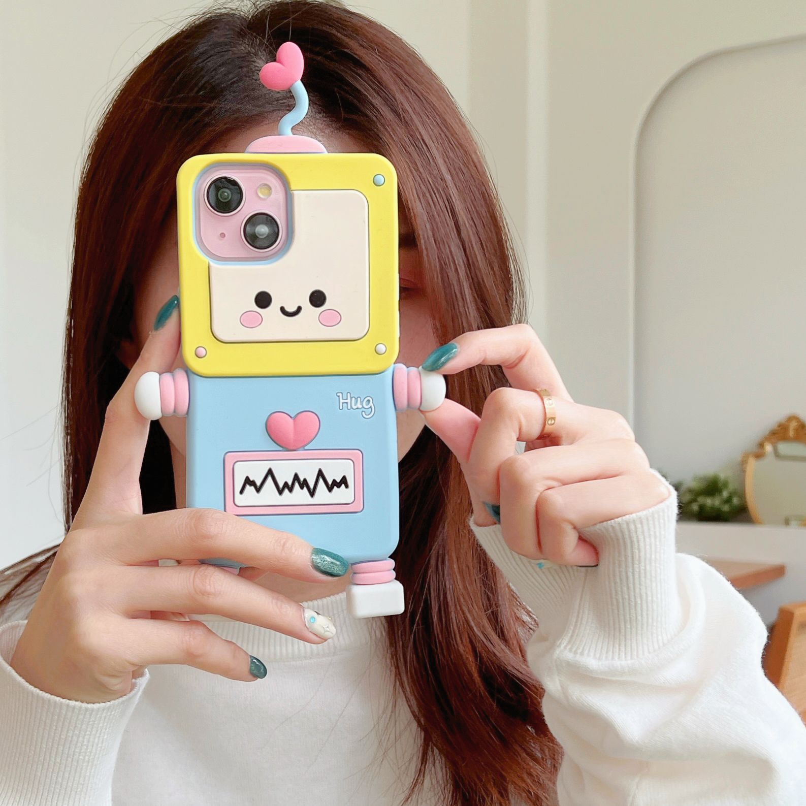 Material: nylon, Color: Beige - New Cartoon Love Antenna Robot Phone Case For iPhone 15 14 13 12 Pro Max 11 Drop Resistant Case Card