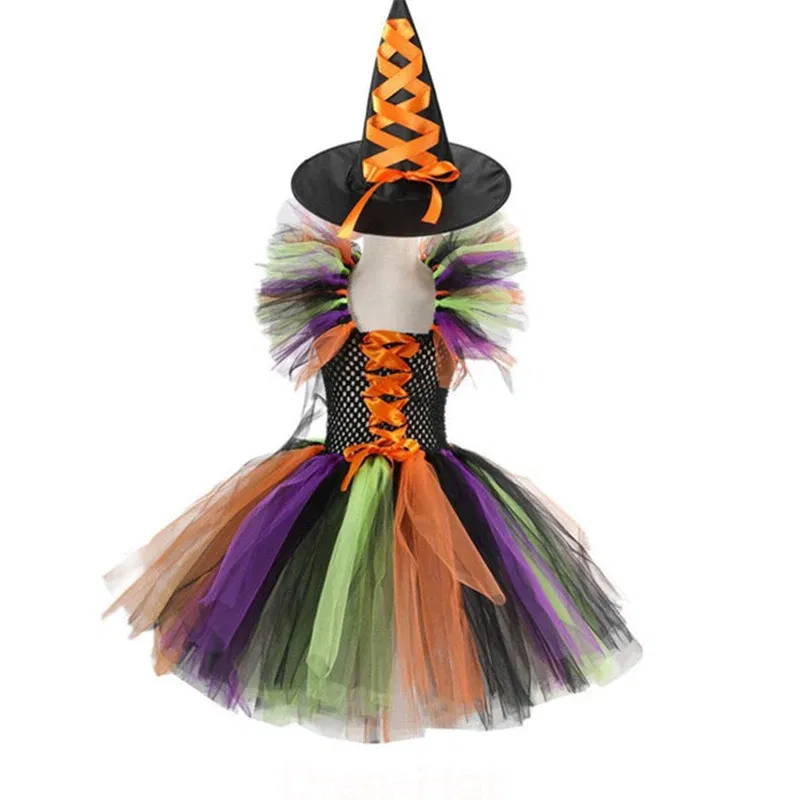 Color: Silver, Kid Size: 11 - Halloween Witch Tutu Dress for Girls Handmade Mesh Bat Wizard Cosplay Costumes with Hat Broom Toddler Evil Party Clothes Set