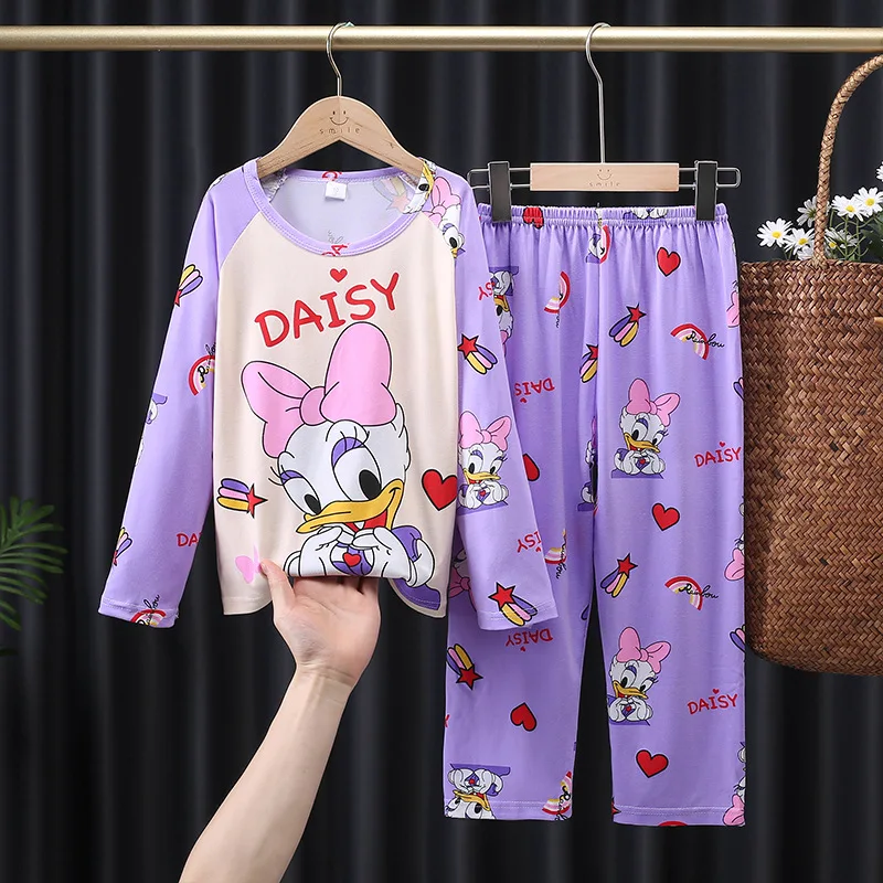 Color: Gold, Kid Size: 7 - 2pcs/set New Children Pyjamas Minnie Elsa Duck Cartoon Girls Sets Kid Home Wear boys and girls Travel Casual Sleepwear Suit