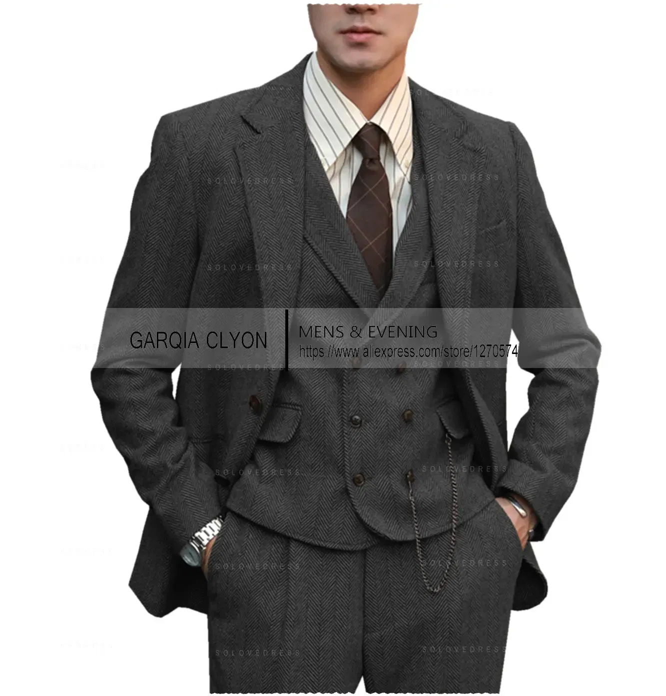 Color: black, Size: M - Tweed Herringbone 3 Pieces Herringbone Men's Business Suits Single Breasted Slim Fit Groom  Formal Suits?€Blazer+vest+Pants?‰