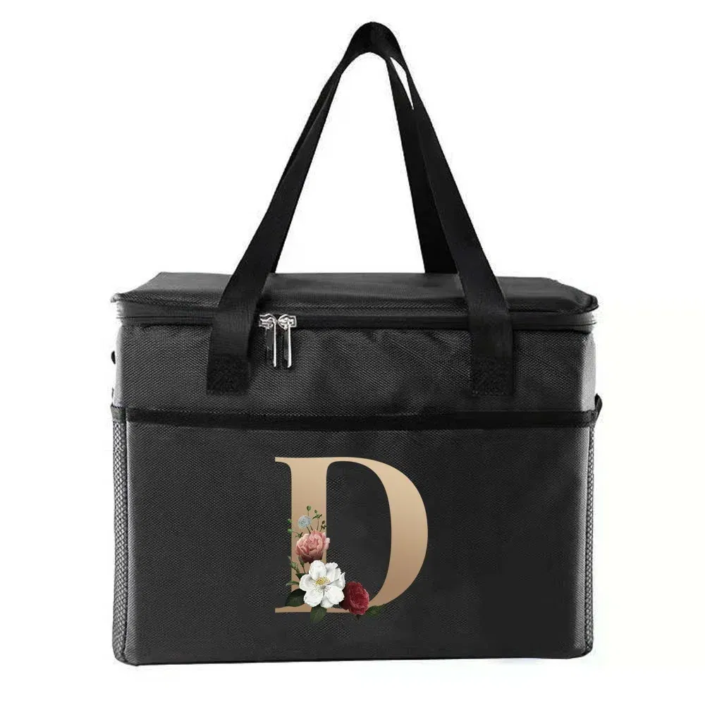 Color: Brown - Thermal Bag Portable Lunch Bags Insulated Cooler Bag Food Bento Bags Printing Gold Letter Series Travel Picnic Storage Ice Bags