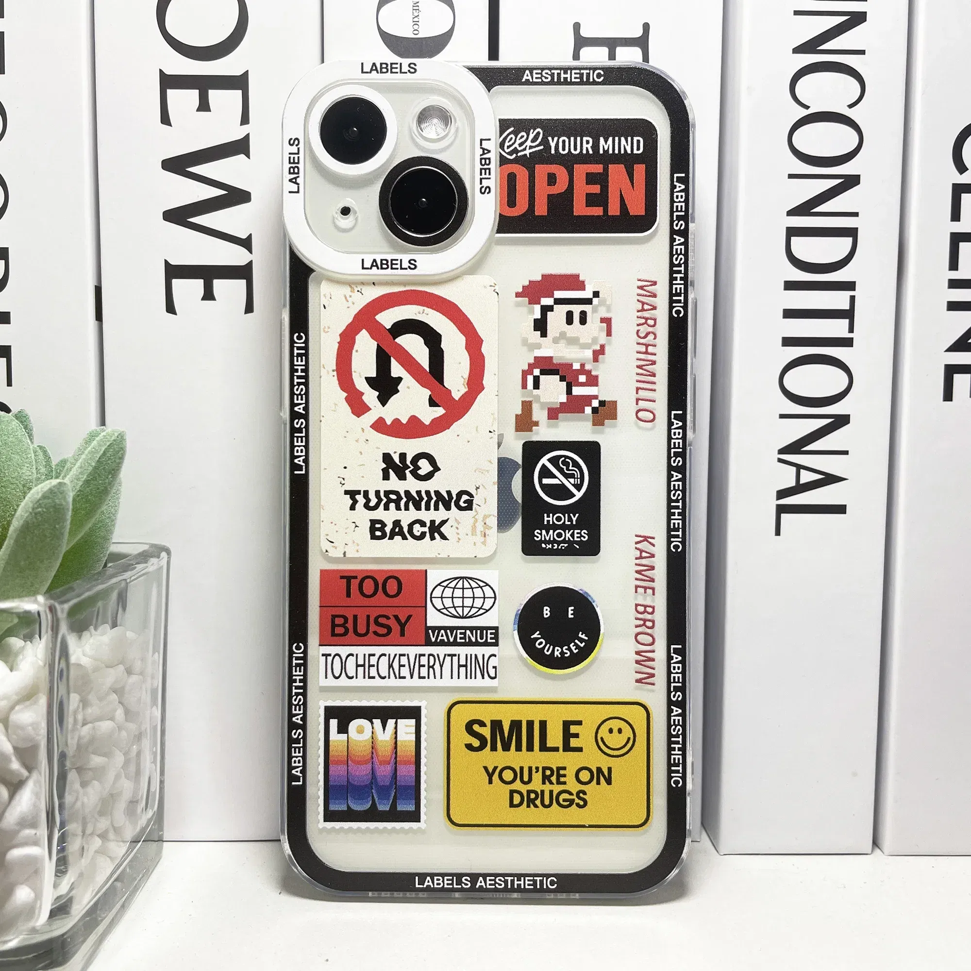 Color: Beige, Material: CANVAS - Mix Labels Aesthetic Stickers Collage Phone Case For iPhone 16 15 14 13 12 11 Pro Max Mini XS X XR SE 7 8 Plus Clear Soft Cover
