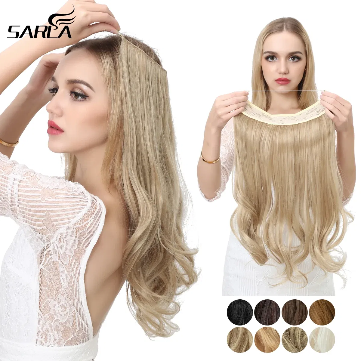 Color: P1B/27, Stretched Length: 22INCHES - Synthetic No Clip Wave Hair Extensions Ombre Natural Black Blonde Pink One Piece False Hairpiece Fish Line Fake Hair Piece