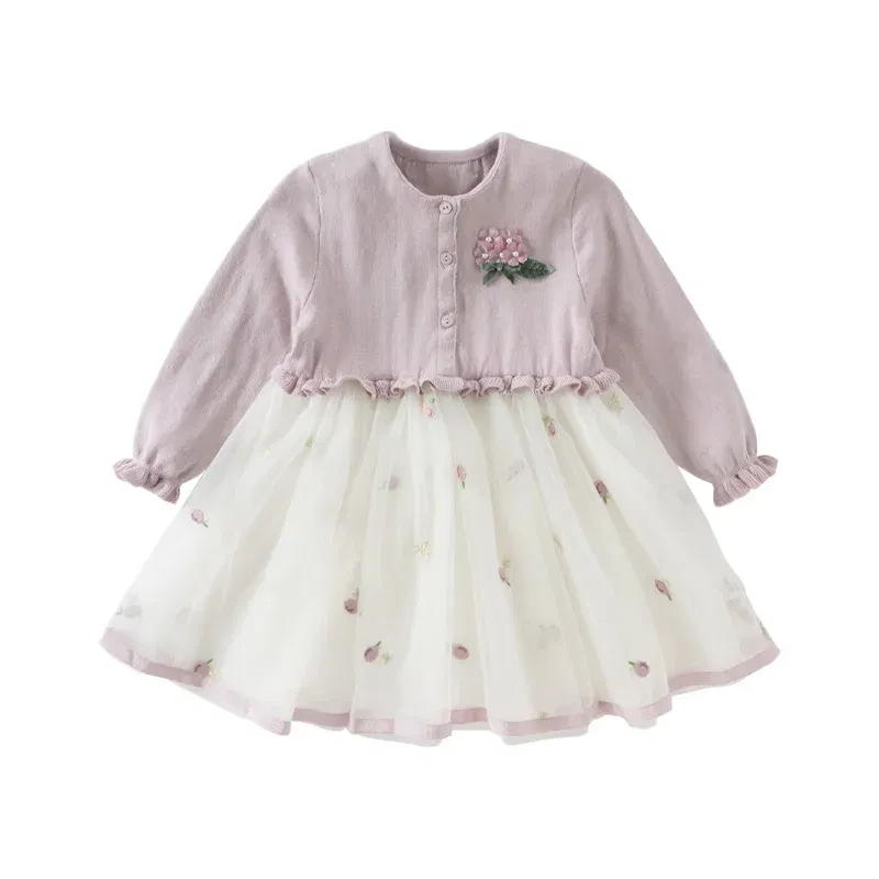 Color: Pink, Kid Size: 34 - Dave Bella 2025 Spring Girls Baby Princess Dress Children New Gentle Cute Embroidery Mesh Long Sleeved Party Outdoor DB1250340