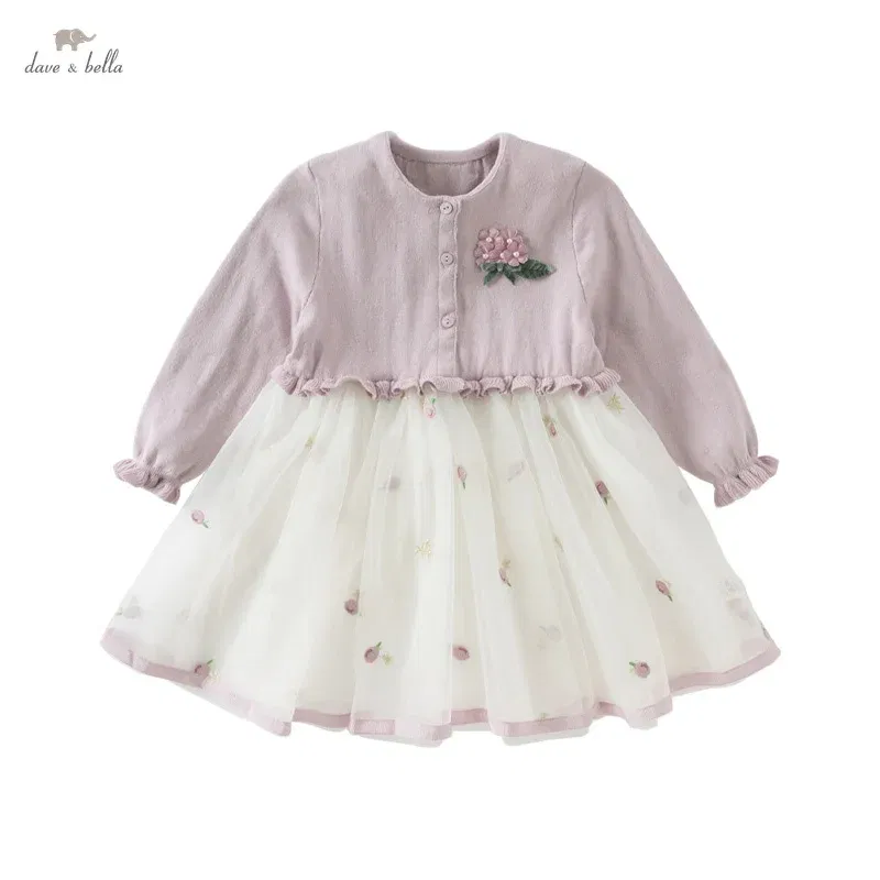 Color: Pink, Kid Size: 34 - Dave Bella 2025 Spring Girls Baby Princess Dress Children New Gentle Cute Embroidery Mesh Long Sleeved Party Outdoor DB1250340