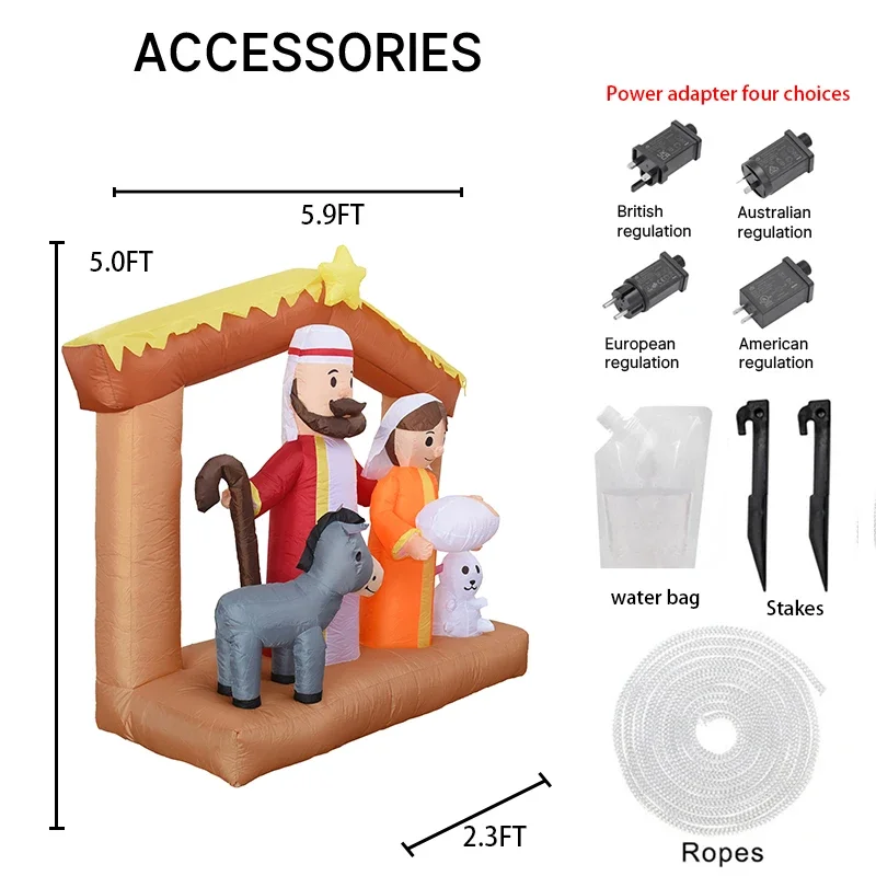 Color: WHITE, Size: L - 5.9FT Inflatable Christmas Toy Nativity Scene Decor Holy Family Donkey Lamb LED Xmas  Home Ornament Gift Xmas Yard Decoration