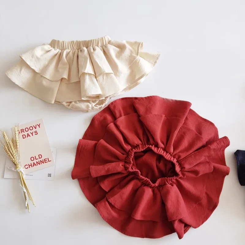 Color: MULTI, Kid Size: 4T - Double Layers Ruffles Lace Baby Skirt Pants Summer Cotton Linen Kids Pettiskirt Toddler Dancing Wedding Clothing Tutu Skirt