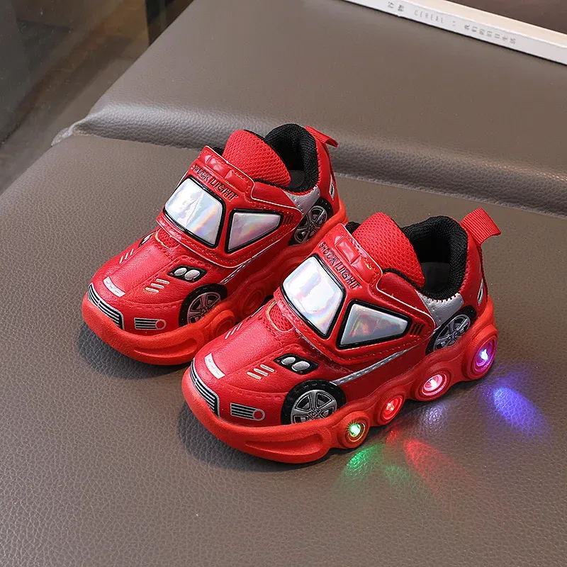 Color: Red, Shoe Size: 22 - Diseny Kids'Casual Shoes Led Light Car Club Cartoon PU Leather Spring Shoes For Children Anti-slip Red Blue Shoes Size 21-30