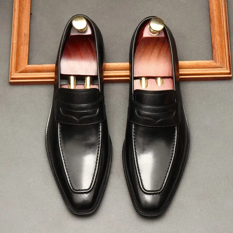 Color: black, Shoe Size: 7.5 - Large Size EUR37-46 Black / Brown Loafers Mens Business Dress Shoes Genuine Leather Prom Party Shoes