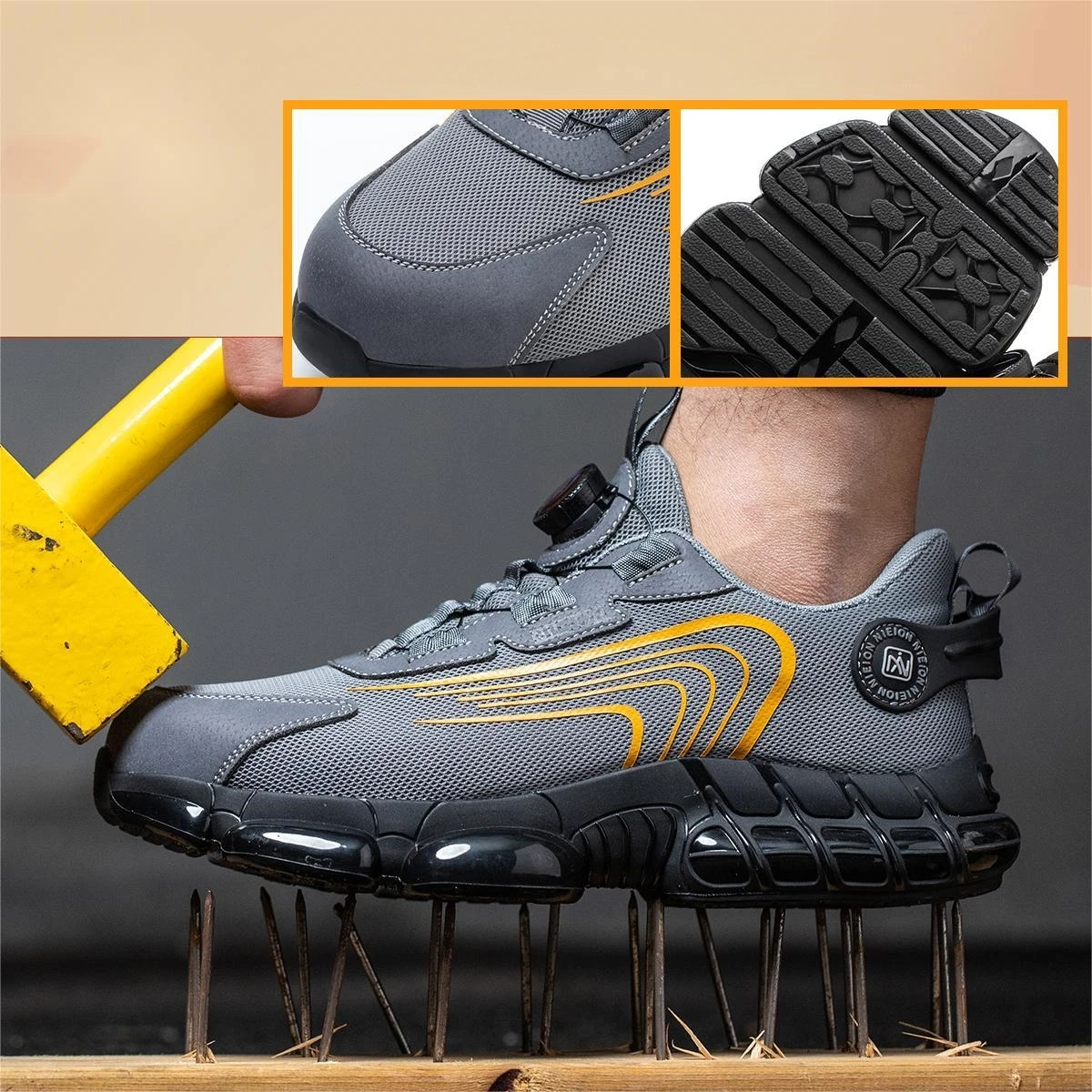 Size: 41, Color: GRAY - Rotary Buckle Work Sneakers Protective Shoes Safety Industrial Puncture-Proof Anti-smash Steel Toe Shoes