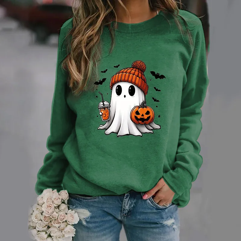 Color: green, Size: S - Cute Ghost Pattern Sweater Women's Casual Halloween Ghost Harajuku Pullover Fall Women's Tops
