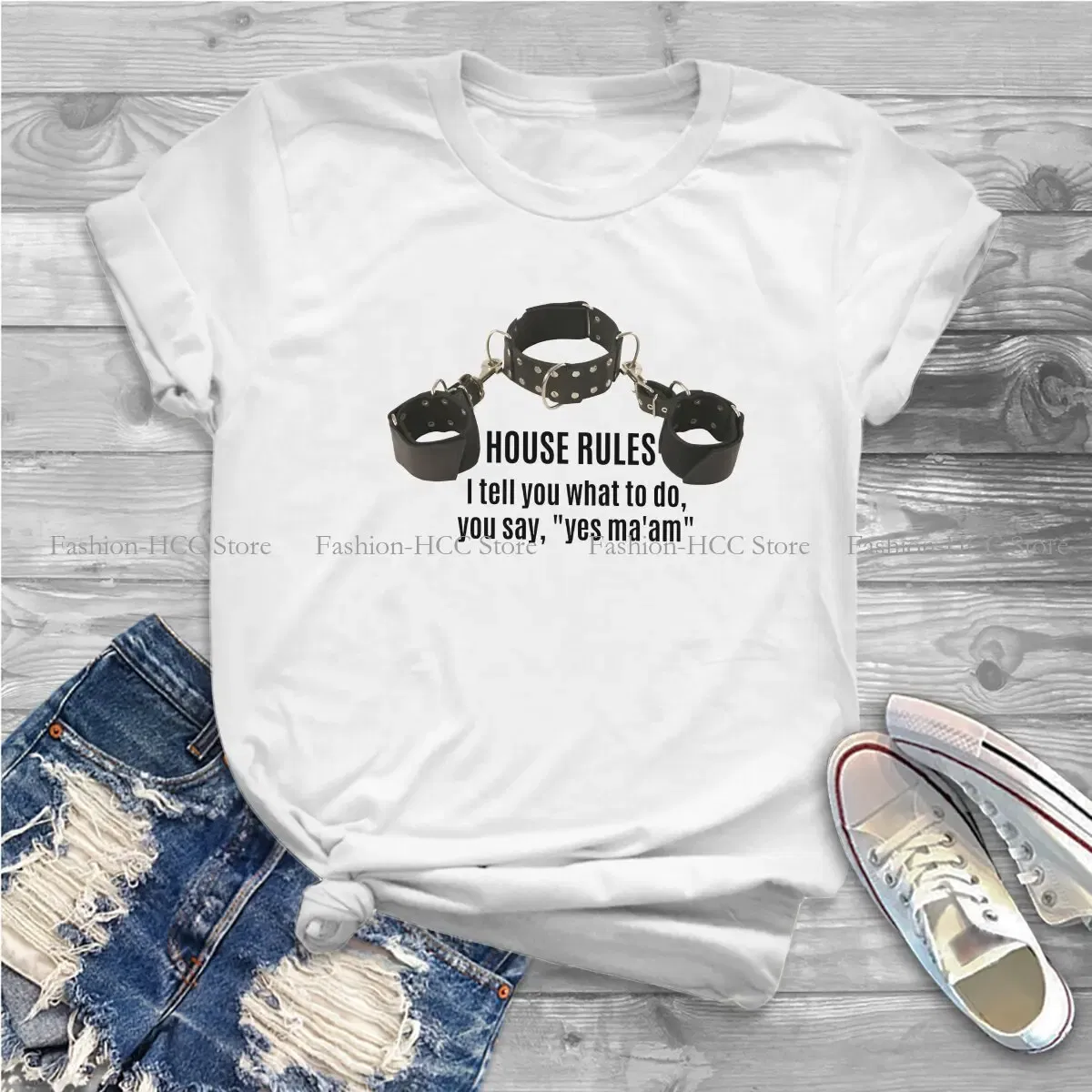 Color: WHITE, Size: S - BDSM Bondage Discipline Dominance Submission Polyester TShirts Collar Cuffs House Rules Female Print Homme T Shirt Hipster Tops