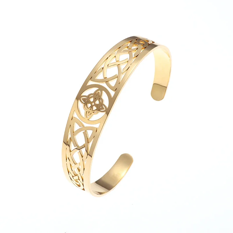 Metal color: Beige - Witch Knot Cuff Stainless Steel Pagan Witchcraft Symbols Magic Knot Women\'s Good Luck Amulet Bracelet Celtic Knot Bracelet