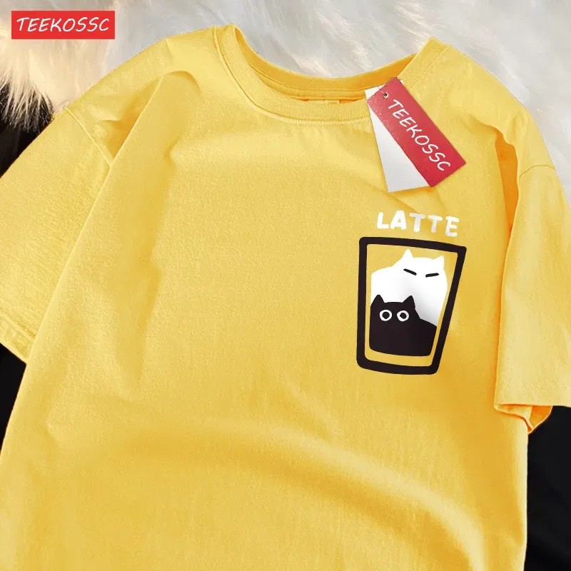 Color: Lavender, Size: L - Mocha Latte Couple Outfit Cat Coffee Couple Male T-Shirts Graphic Cool Tee Shirt High-Quality Oversized Tshirt Comfort Soft