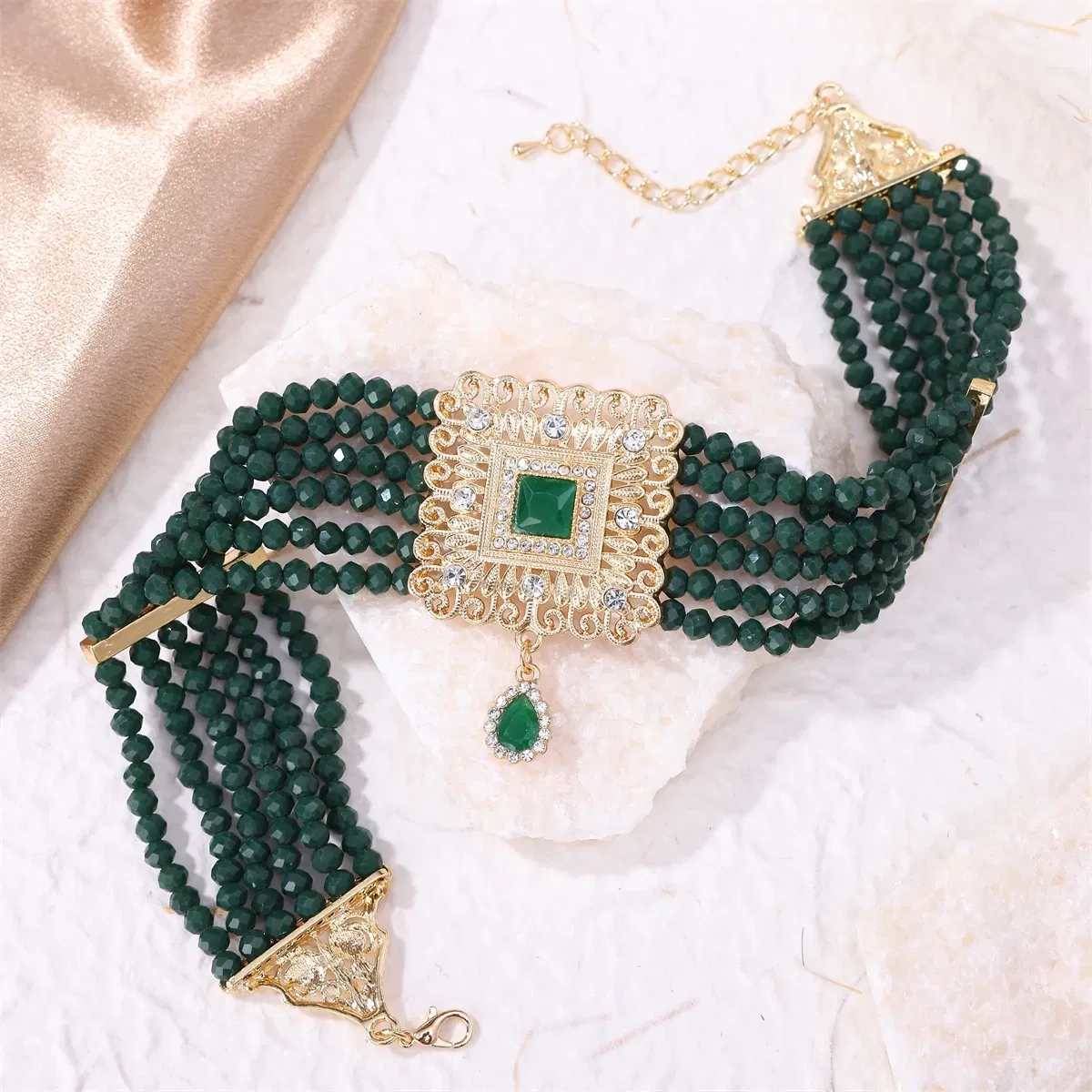 Metal color: Light Yellow Gold Color - Hand Beaded Necklaces Water Drop Pendants Beaded Necklaces For Arab Brides