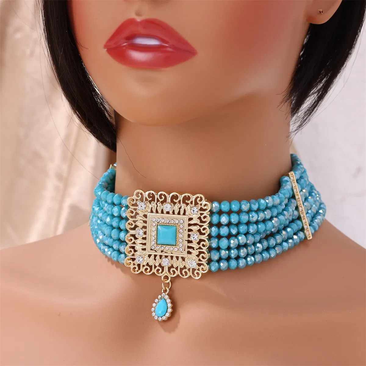 Metal color: Light Yellow Gold Color - Hand Beaded Necklaces Water Drop Pendants Beaded Necklaces For Arab Brides
