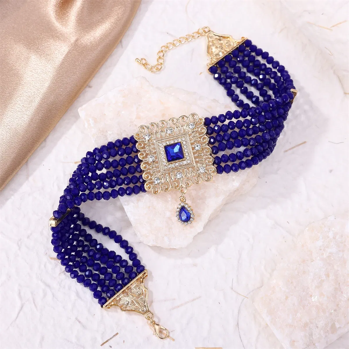 Metal color: Light Yellow Gold Color - Hand Beaded Necklaces Water Drop Pendants Beaded Necklaces For Arab Brides