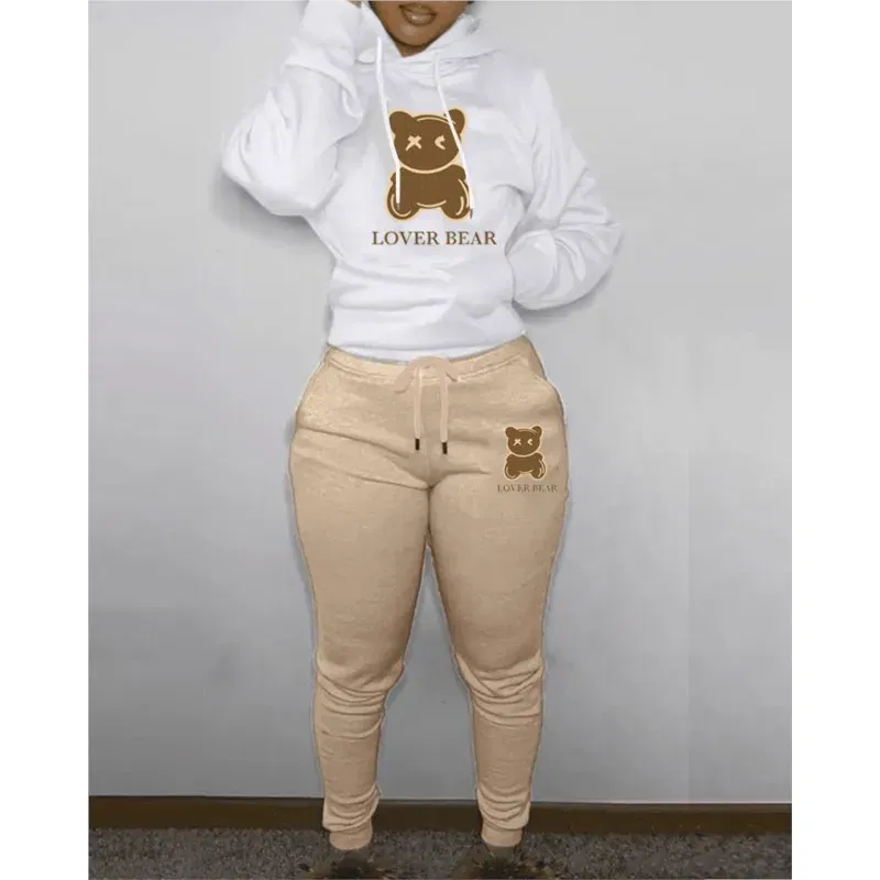 Color: Champagne, Size: XL - 2 Piece Set Women Outfit Letter Bear Print Hooded Neck Hoodies Sweatshirt Pants Tracksuit 2024 Plus Size Streetwear Casual Suit
