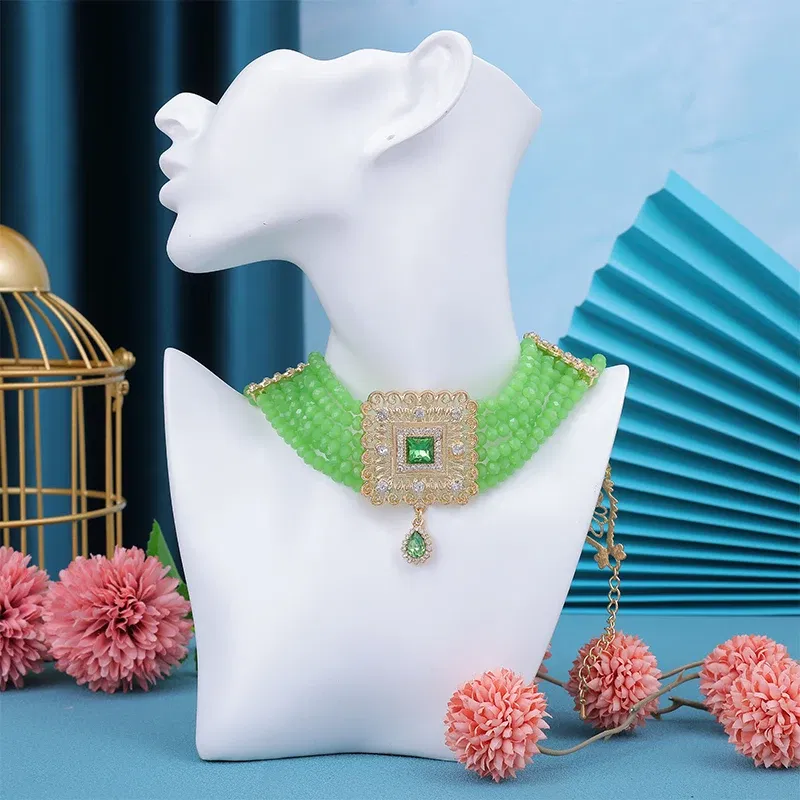 Metal color: Light Yellow Color - Hand Beaded Necklaces Water Drop Pendants Beaded Necklaces For Arab Brides