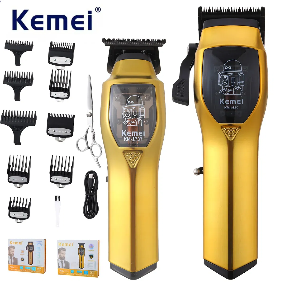 Color: Silver - Kemei Electric Hair Clippers and Hair Trimmer Kit Men Professional USB-C Rechargeable Cordless 0mm Finish Hair Cutting Machine