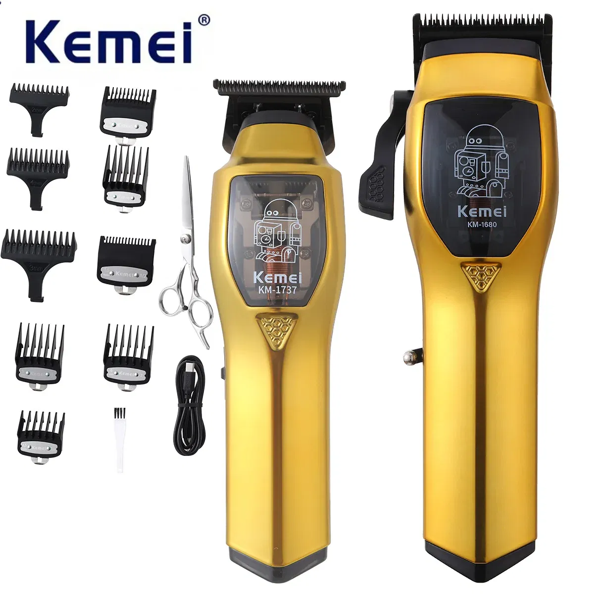 Color: Silver - Kemei Electric Hair Clippers and Hair Trimmer Kit Men Professional USB-C Rechargeable Cordless 0mm Finish Hair Cutting Machine