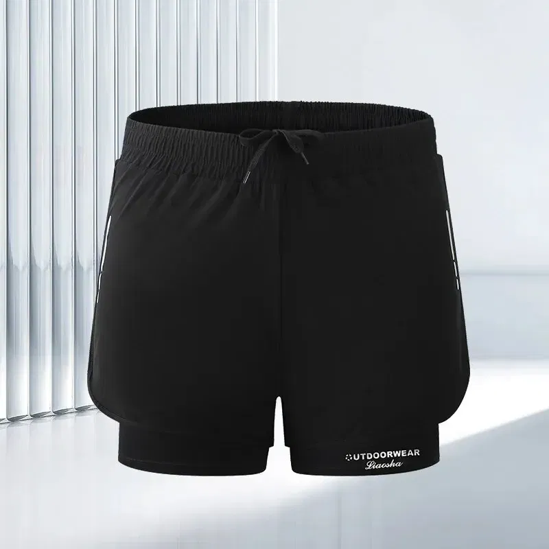 Size: XXL, Color: Black - Summer High Quality Sports Double-layer Breathable Men's Running Fitness Belt Lined With Non-slip Loose Swimming Trunks