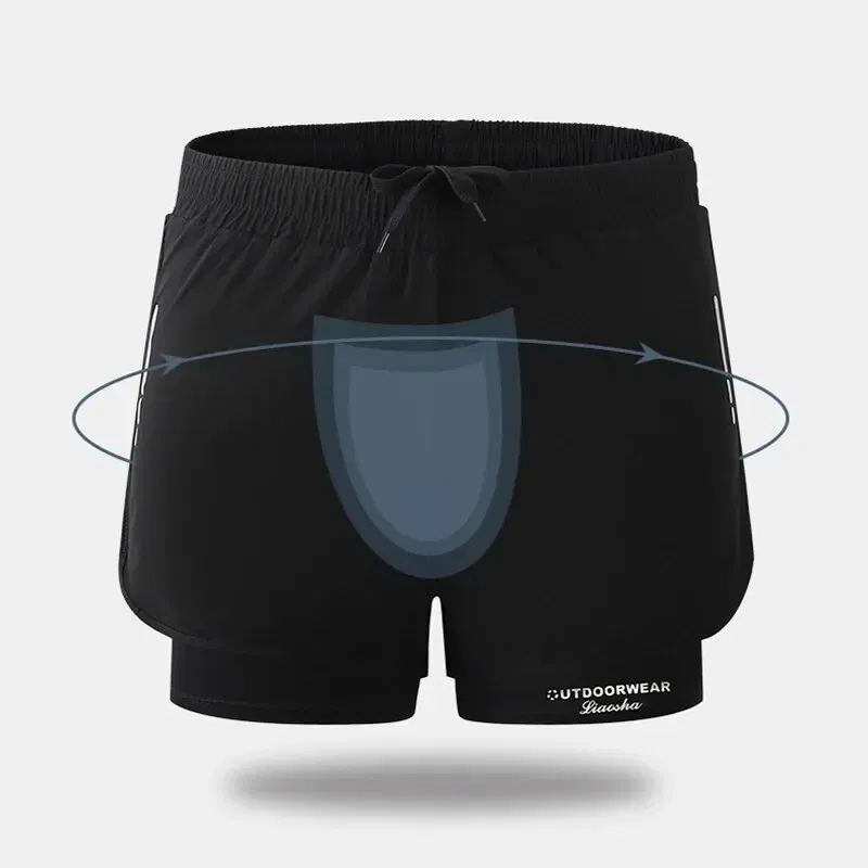 Size: XXL, Color: Black - Summer High Quality Sports Double-layer Breathable Men's Running Fitness Belt Lined With Non-slip Loose Swimming Trunks
