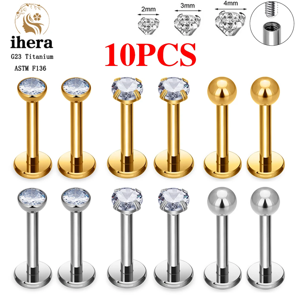 Metal color: Gold-color, Ships From: CHINA, Main Stone Color: GRAY - 10PCS G23 Titanium Labret Piercing Lip Ring 16G F136 Internal Thread Nose Stud Earring Tragus Helix Cartilage Piercing Jewelry