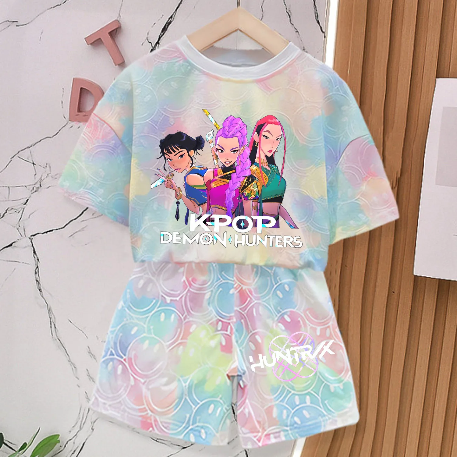Color: GRAY, Size: 3" - KPop Demon Hunters New T-shirt Pants Set Girls Summer Clothing Kawaii Smile Face Short Sleeve Outfits Kids Tee Top Pajamas Gift