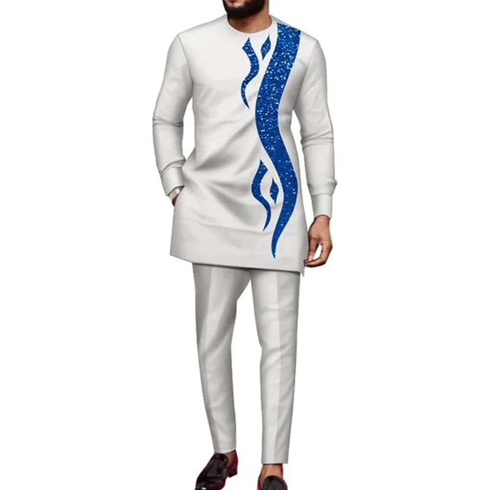 Color: Beige, Size: M - 2024 New African Traditional Men's Set Elegant and Fashionable Men's Suit Casual Embroidery Two Piece Set Men's Suit Kaftan
