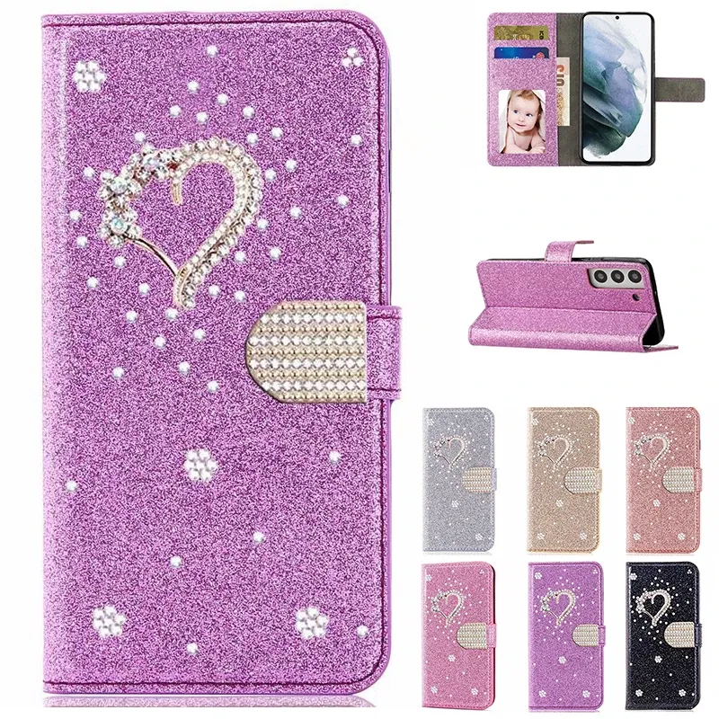 Color: Rose, Material: Vinyl - Glitter Wallet Leather Case For Samsung Galaxy S25 FE S24 Ultra S23 Plus S22 S21 A35 A36 A56 A55 A13 A14 A15 A16 A26 A34 A33 A54